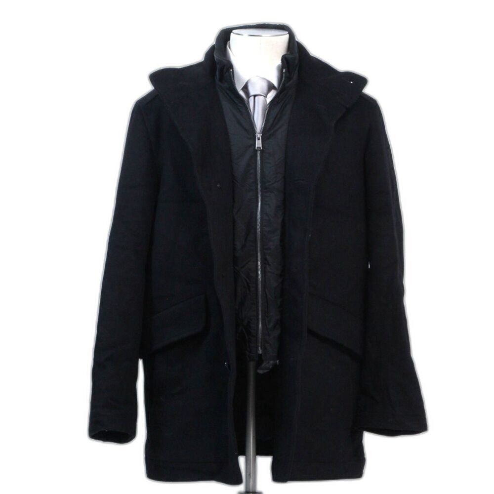 Hugo Boss Men's Wool Cashmere Blend Primaloft Overcoat 40R Black Zip Bib Jacket